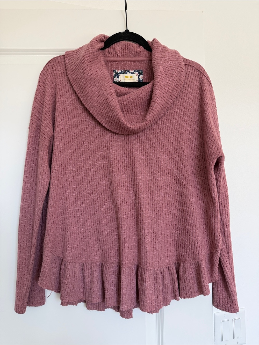 Anthropologie Mauve Cowl Neck Ruffled Hem Sweater